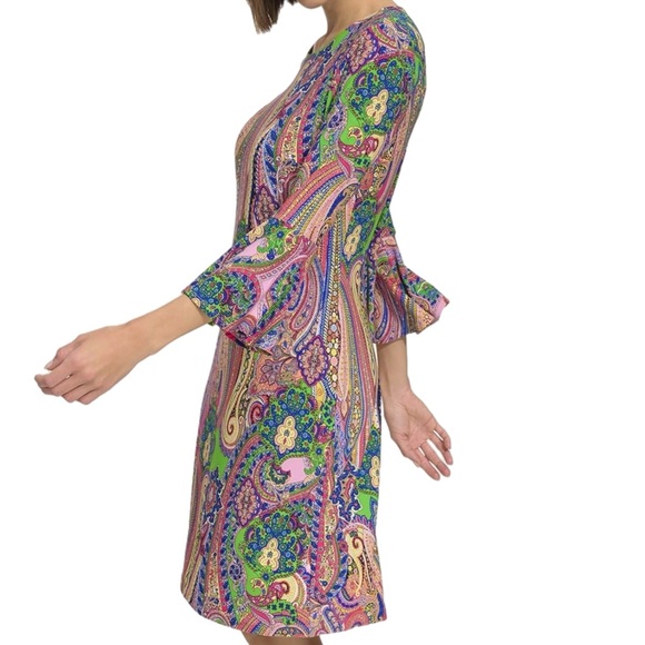 NWT TOMMY HILFIGER A Line Dress Size 8 Medium Colorful Paisley Bell Sleeve Boho - Picture 2 of 12